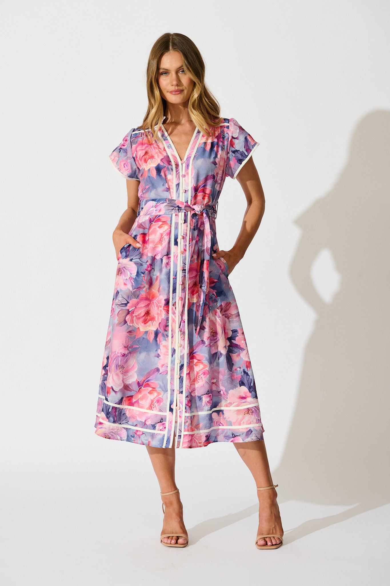 Laylah Midi Dress in Blue with Pink Floral Cotton full length