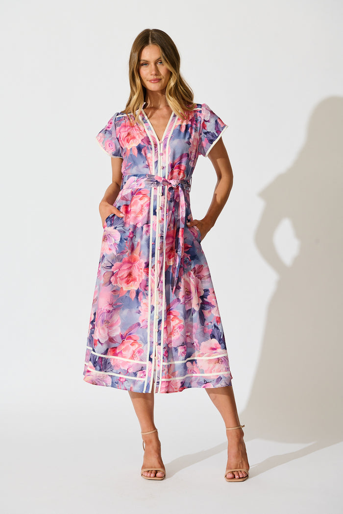 Laylah Midi Dress in Blue with Pink Floral Cotton full length