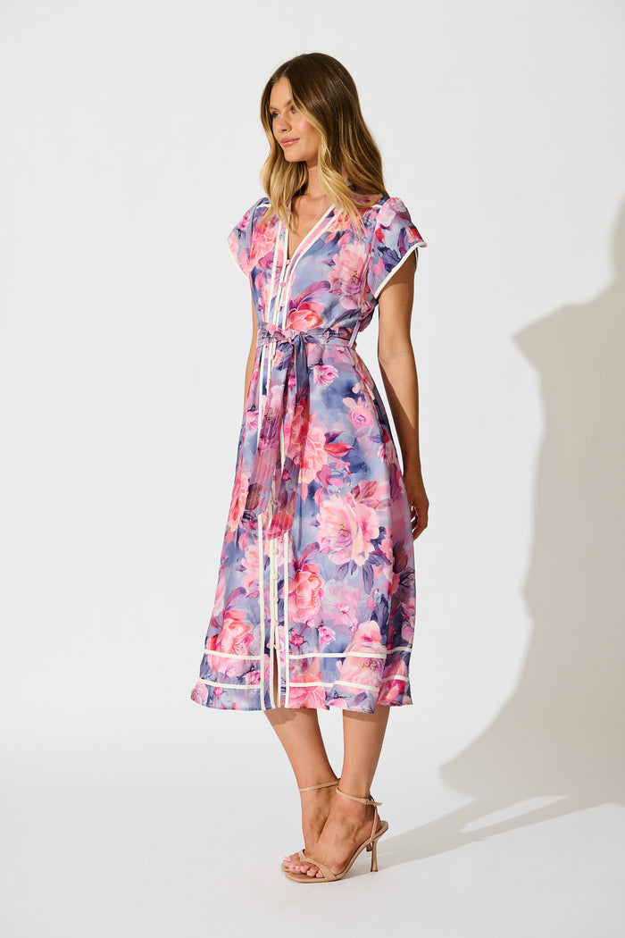 Laylah Midi Dress in Blue with Pink Floral Cotton side
