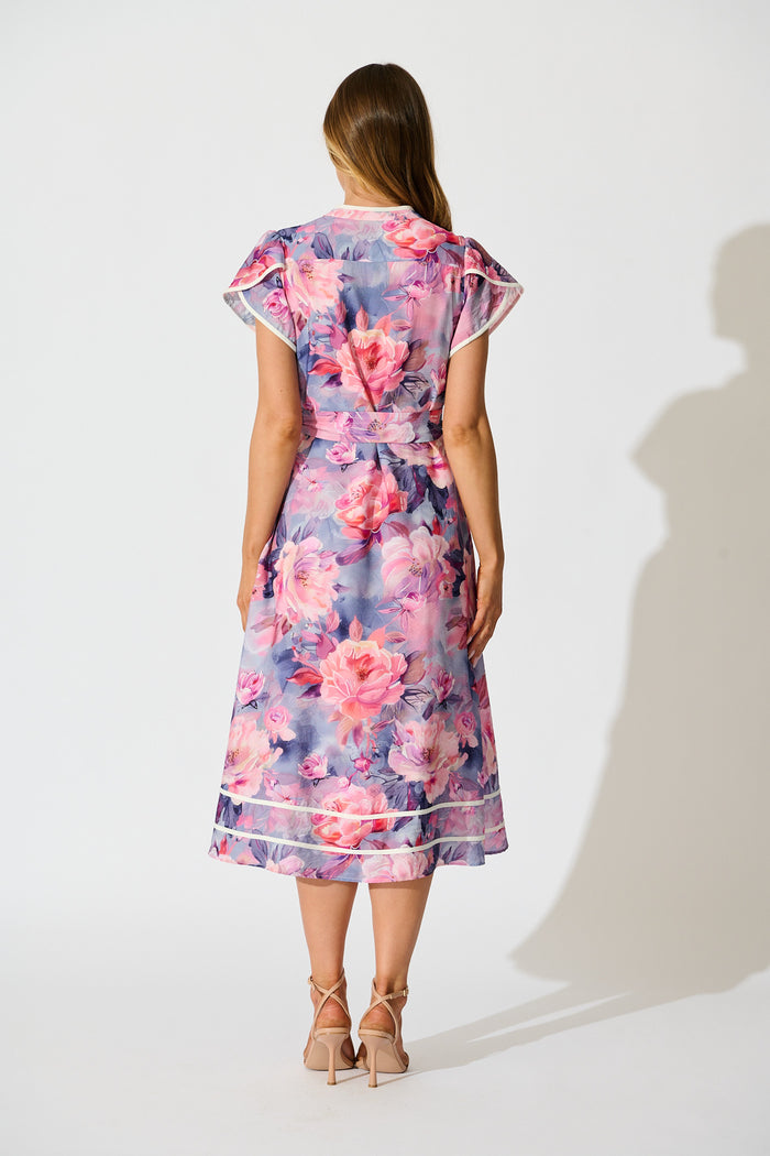 Laylah Midi Dress in Blue with Pink Floral Cotton back