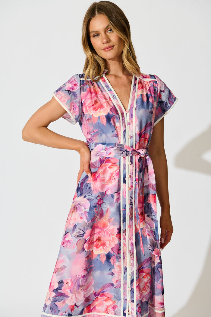 Laylah Midi Dress in Blue with Pink Floral Cotton front