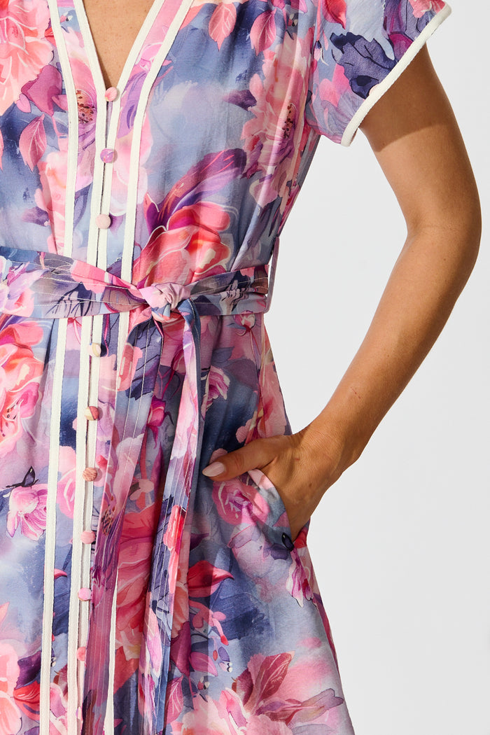 Laylah Midi Dress in Blue with Pink Floral Cotton detail