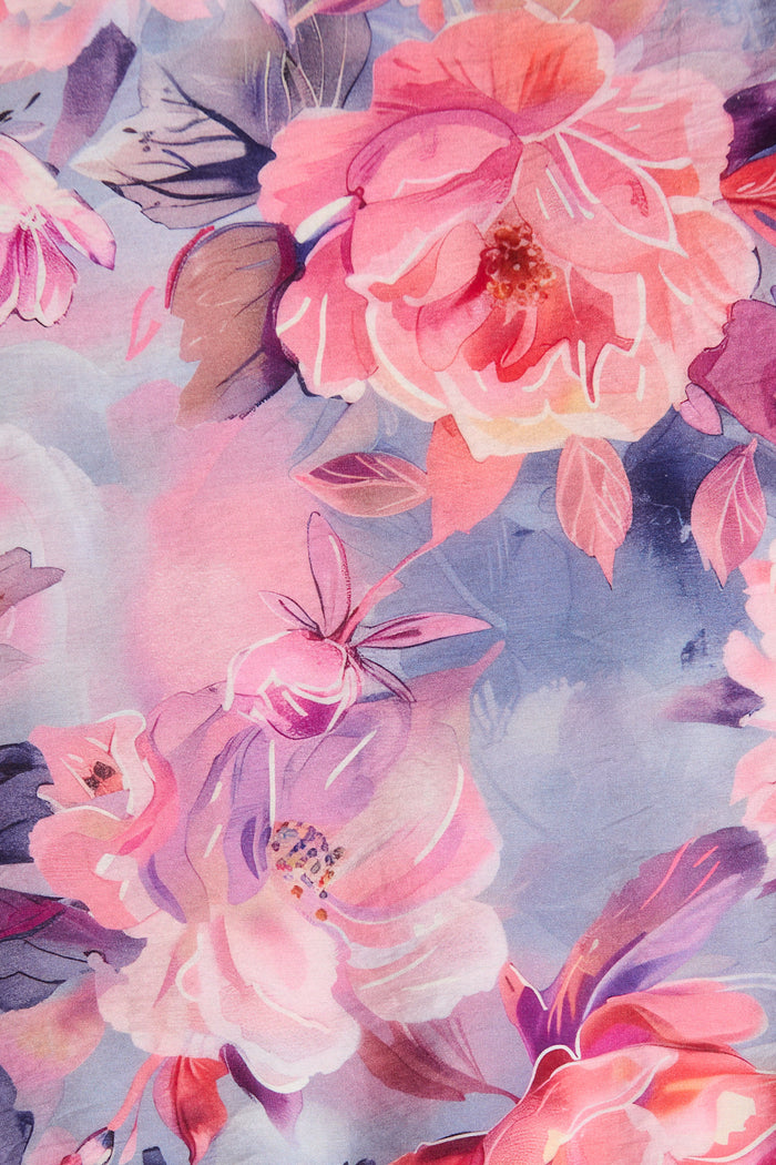 Laylah Midi Dress in Blue with Pink Floral Cotton fabric