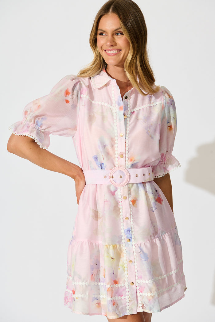 Liora Shirt Dress in Light Pink Floral front