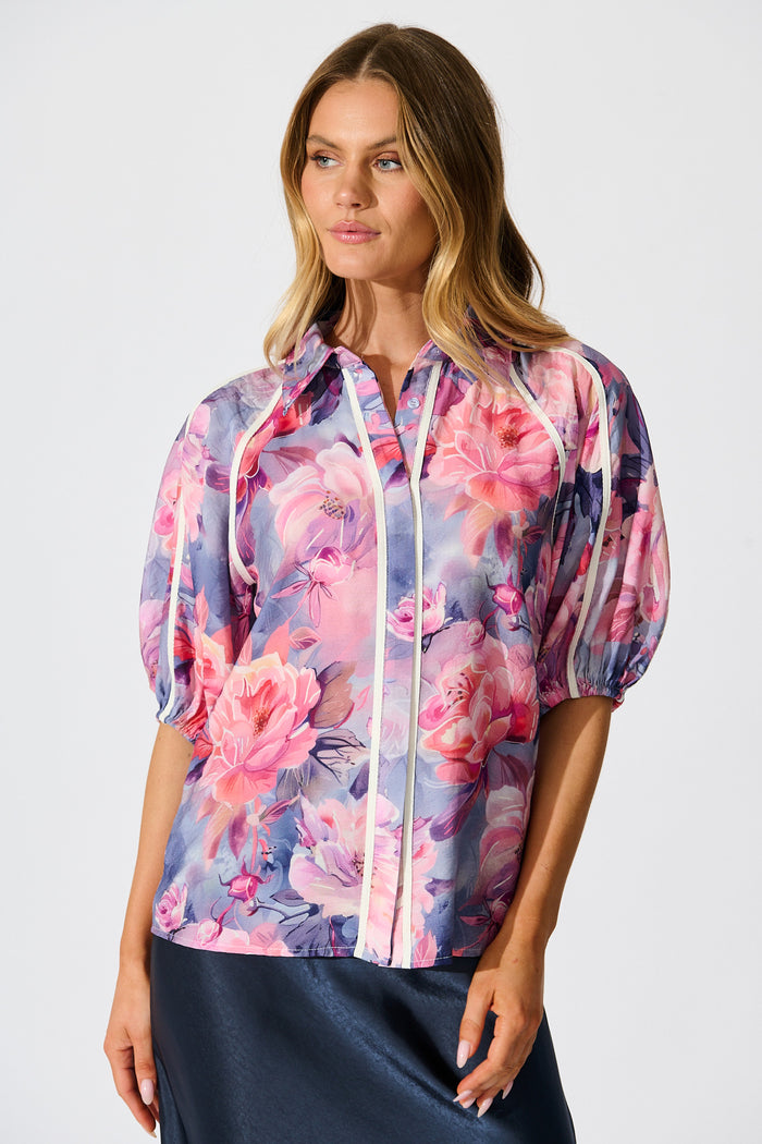 Amelio Shirt in Blue with Pink Floral front