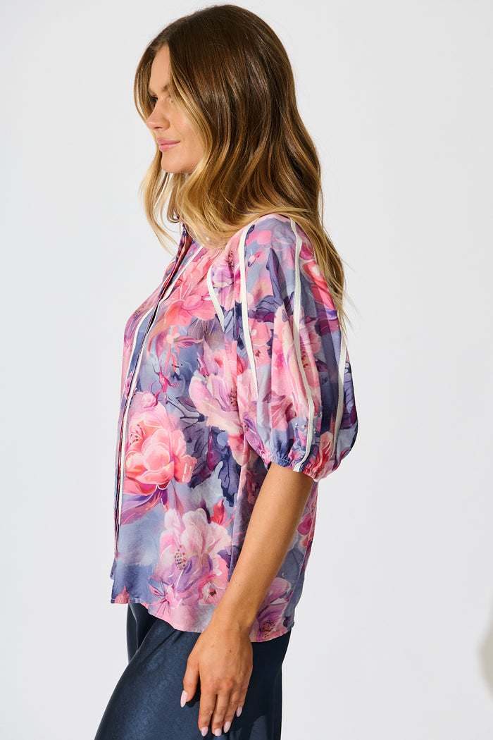 Amelio Shirt in Blue with Pink Floral side