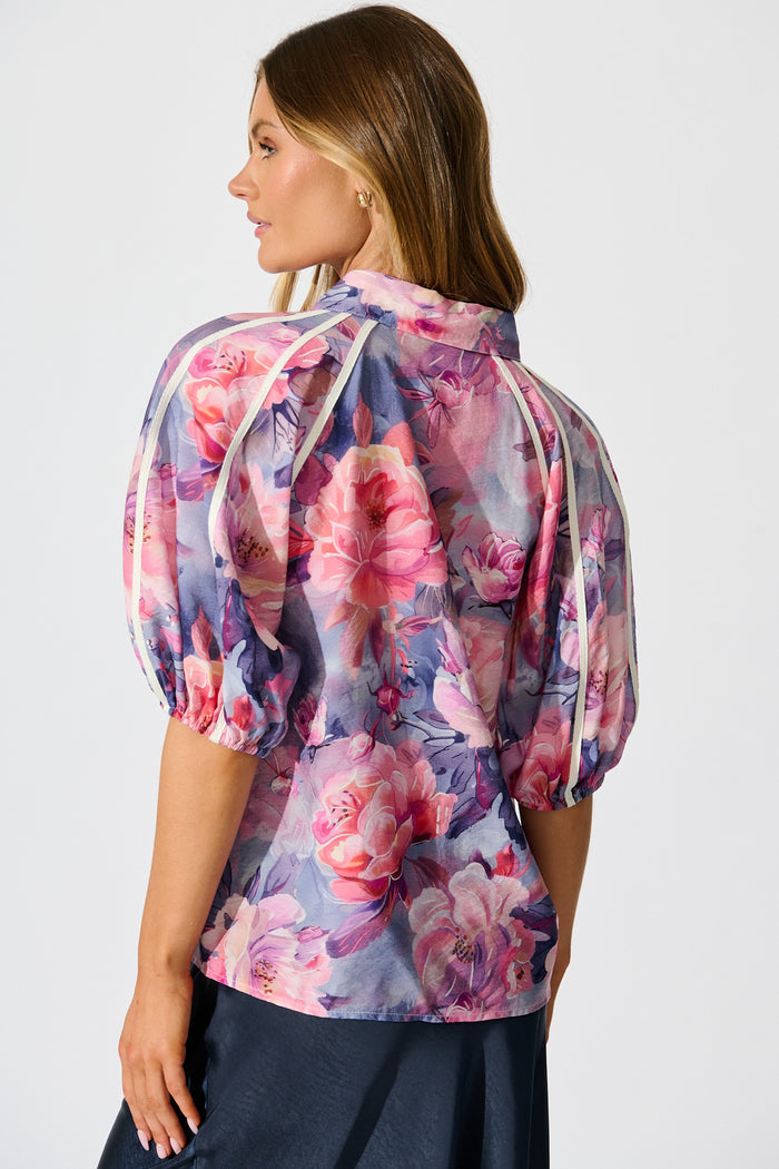 Amelio Shirt in Blue with Pink Floral back