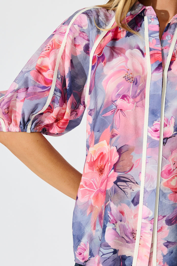 Amelio Shirt in Blue with Pink Floral detail