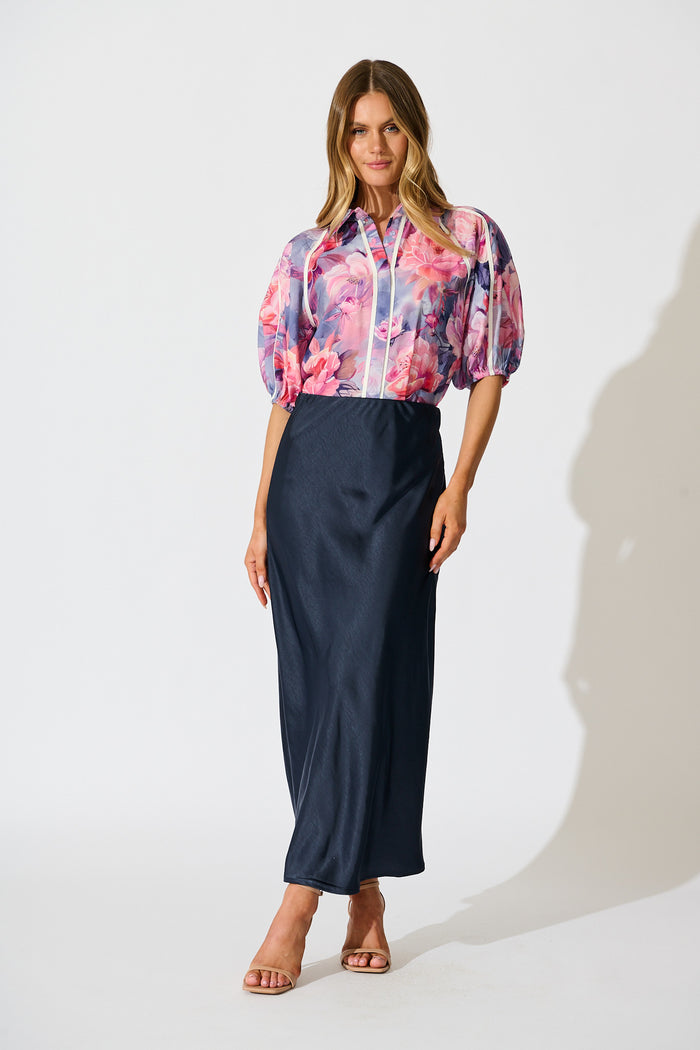 Amelio Shirt in Blue with Pink Floral full length
