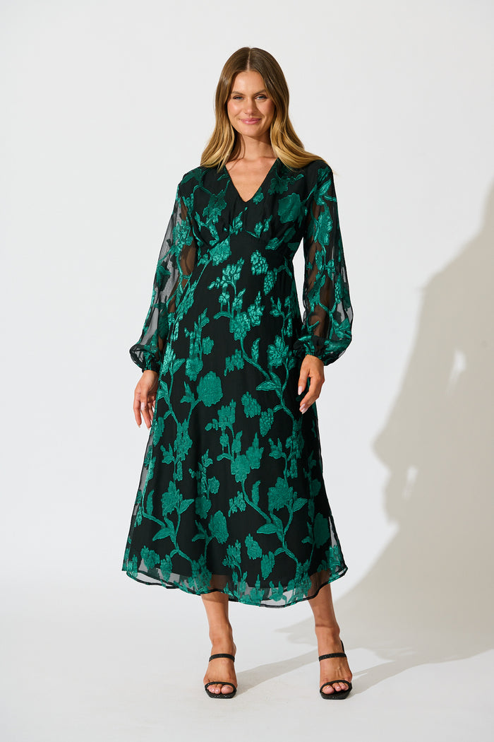 Viola Midi Dress in Black with Emerald Floral Burnout Chiffon St Frock Viola Midi Dress in Black with Emerald Floral Burnout Chiffon St Frock