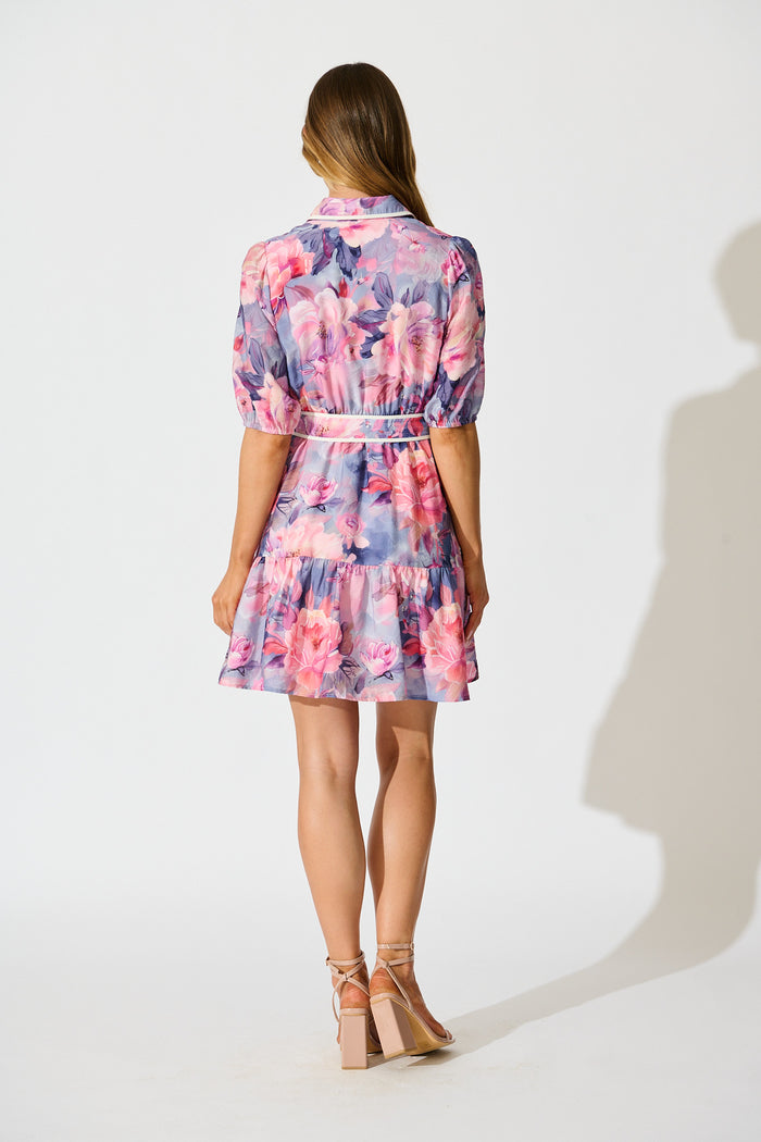 Krista Shirt Dress in Blue with Pink Floral Cotton back