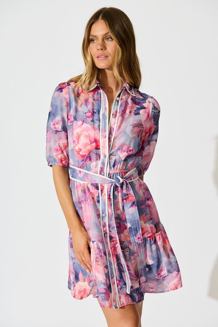 Krista Shirt Dress in Blue with Pink Floral Cotton front