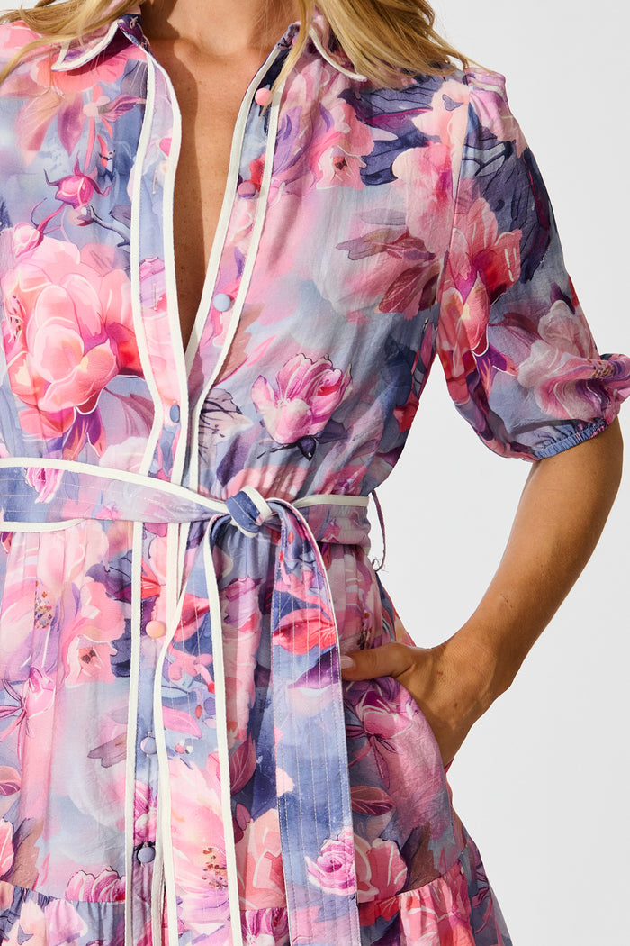 Krista Shirt Dress in Blue with Pink Floral Cotton detail