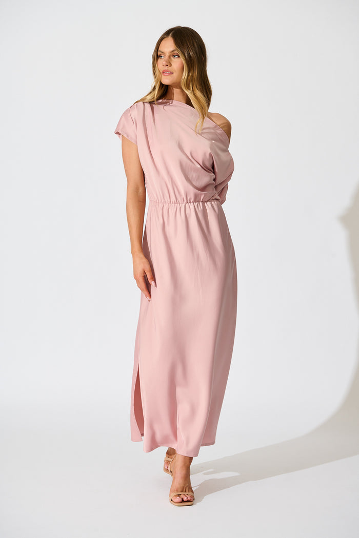 Forever And Always Maxi Off Shoulder Dress in Blush Satin full length