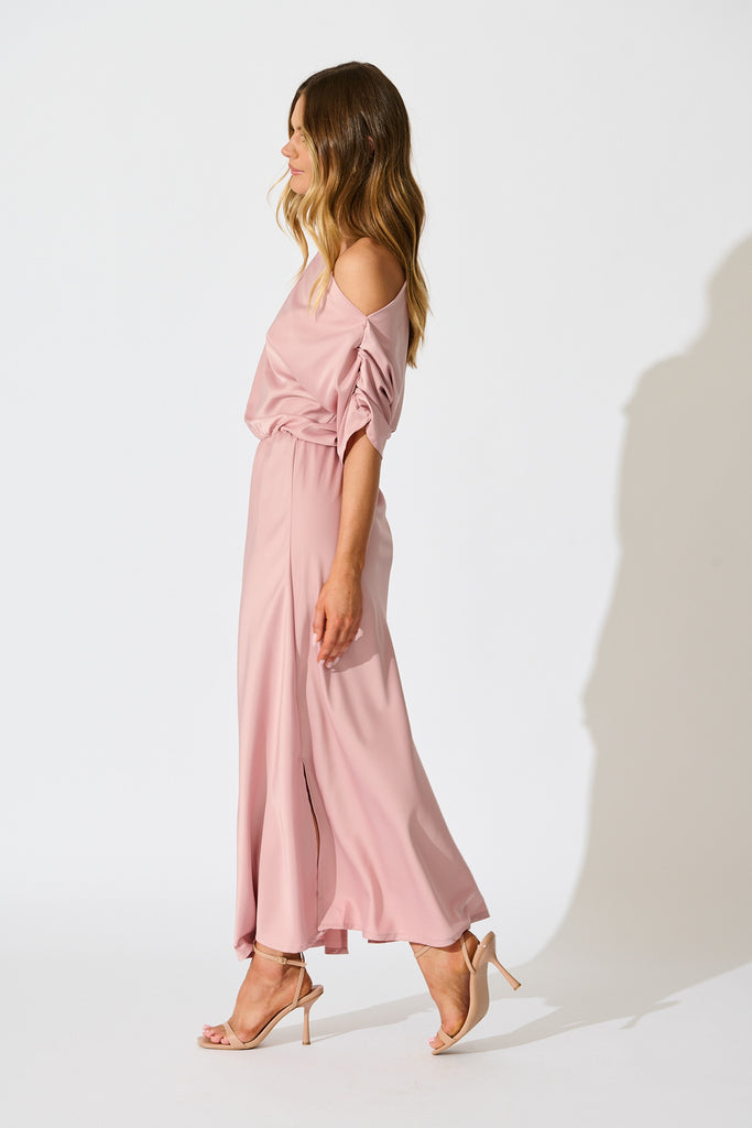 Forever And Always Maxi Off Shoulder Dress in Blush Satin side