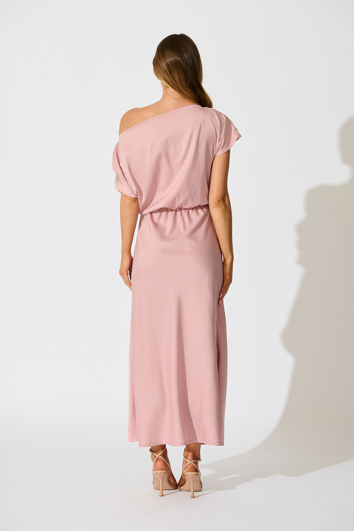 Forever And Always Maxi Off Shoulder Dress in Blush Satin back