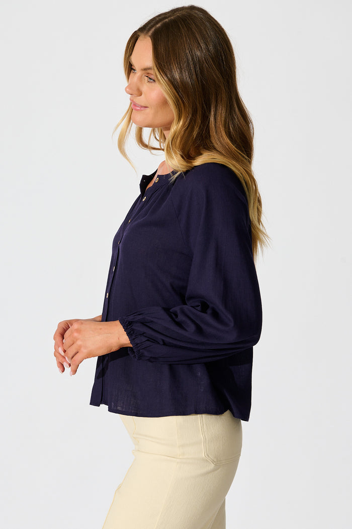 Island Whisperer Top in Navy Linen Blend side