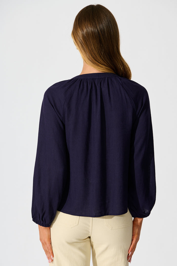 Island Whisperer Top in Navy Linen Blend back