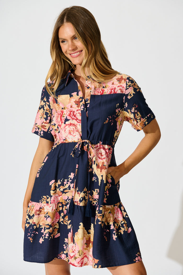 Delia Shirt Dress in Navy with Blush Floral front