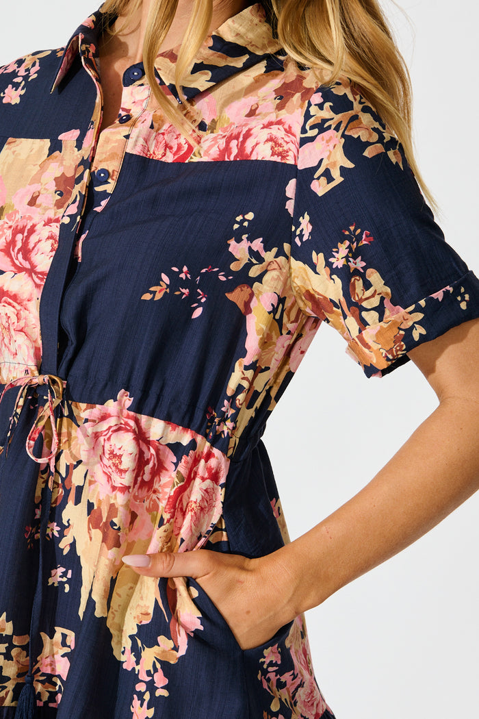 Delia Shirt Dress in Navy with Blush Floral detail