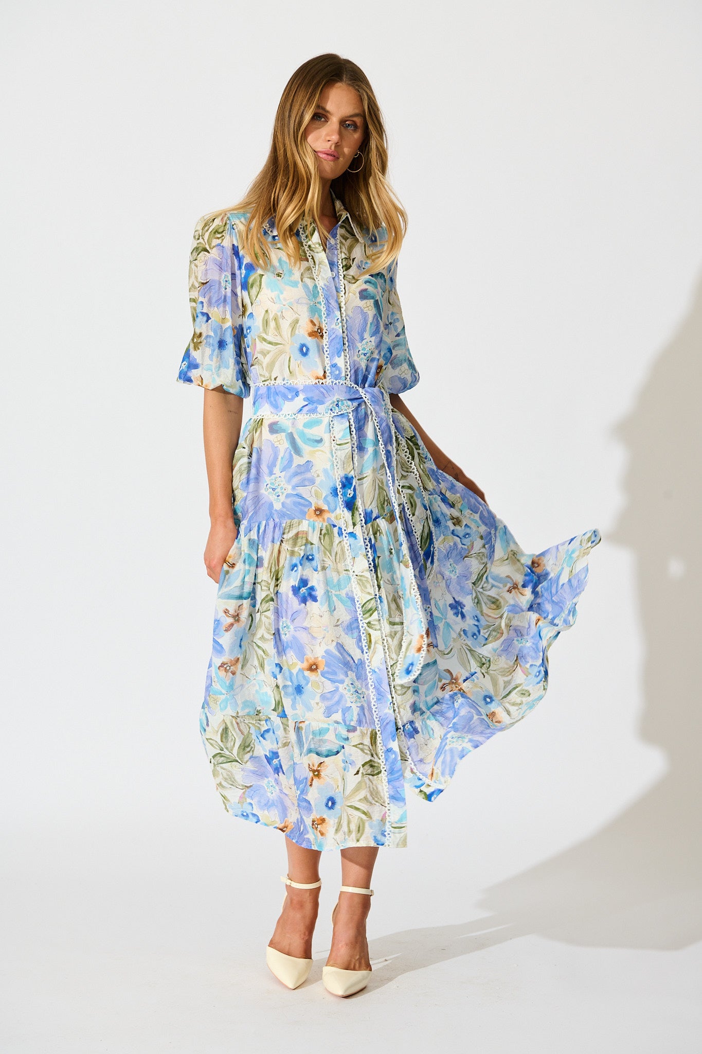 Wildflower Sky Midi Shirt Dress in Blue Floral full length