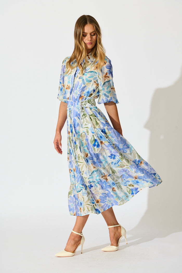 Wildflower Sky Midi Shirt Dress in Blue Floral side