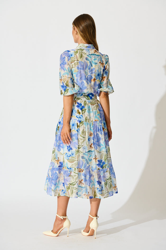 Wildflower Sky Midi Shirt Dress in Blue Floral back