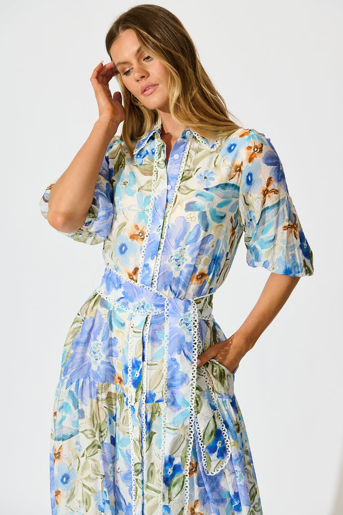 Wildflower Sky Midi Shirt Dress in Blue Floral front