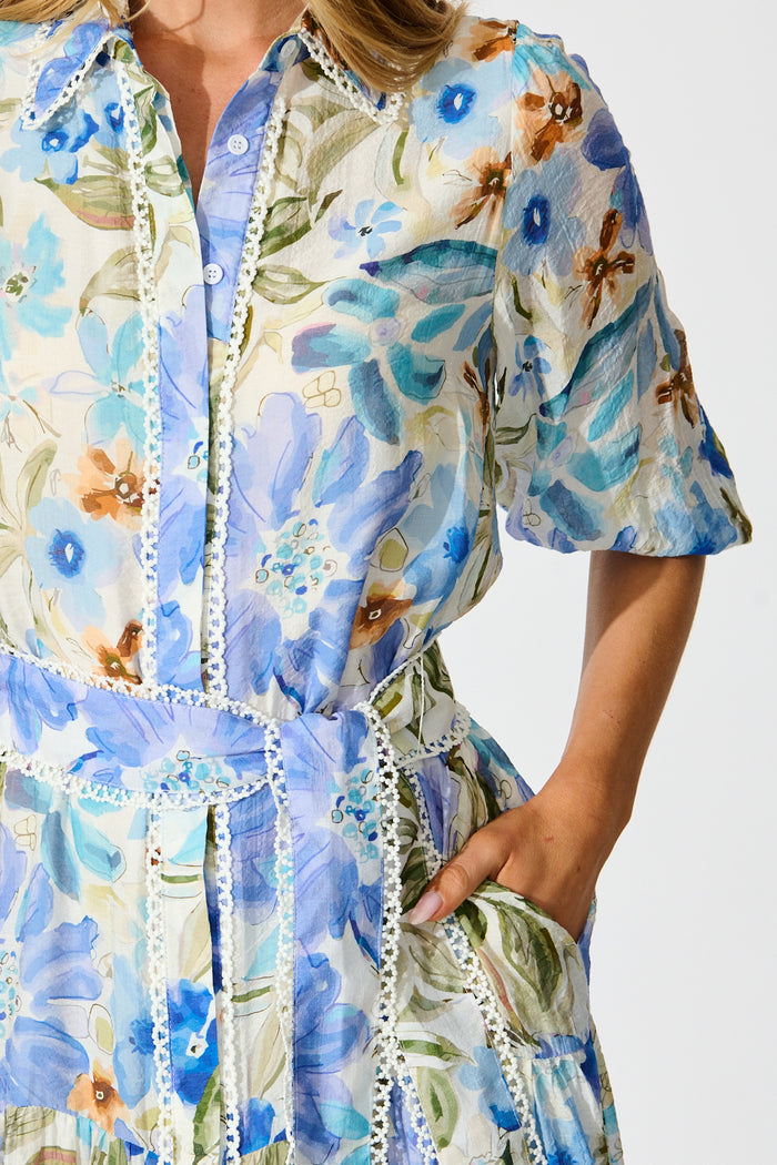 Wildflower Sky Midi Shirt Dress in Blue Floral detail