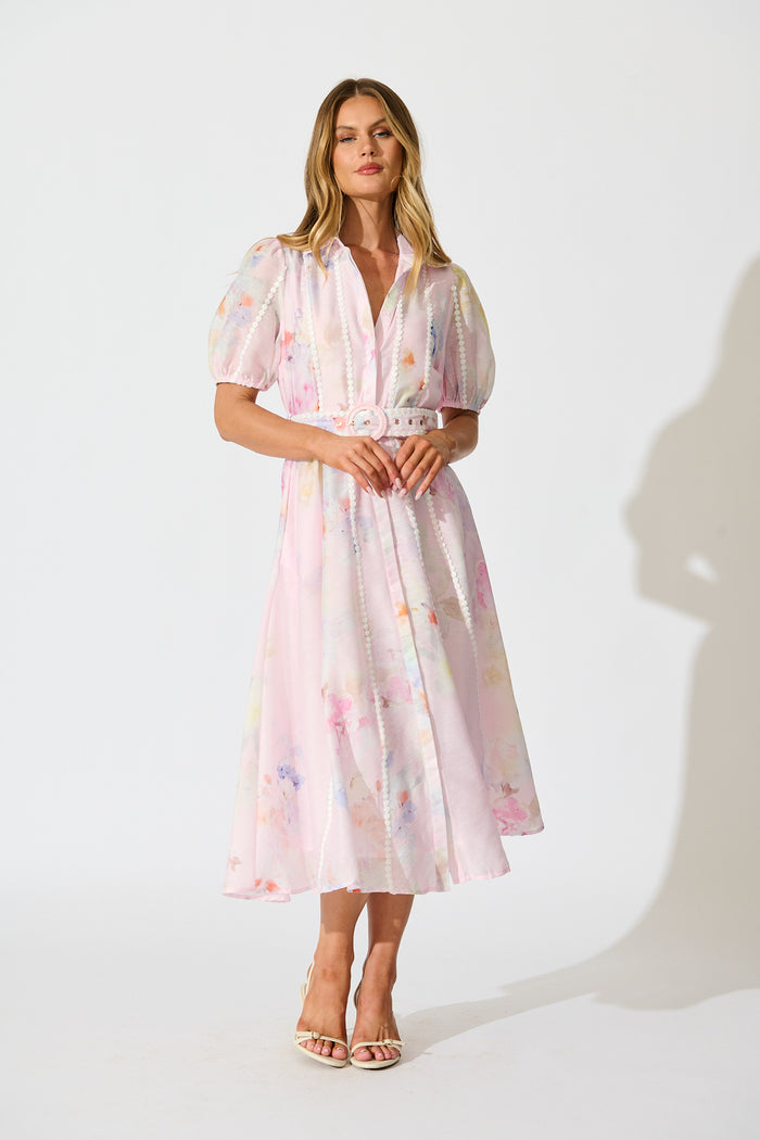 Mimi Maxi Shirt Dress in Light Pink Floral full length