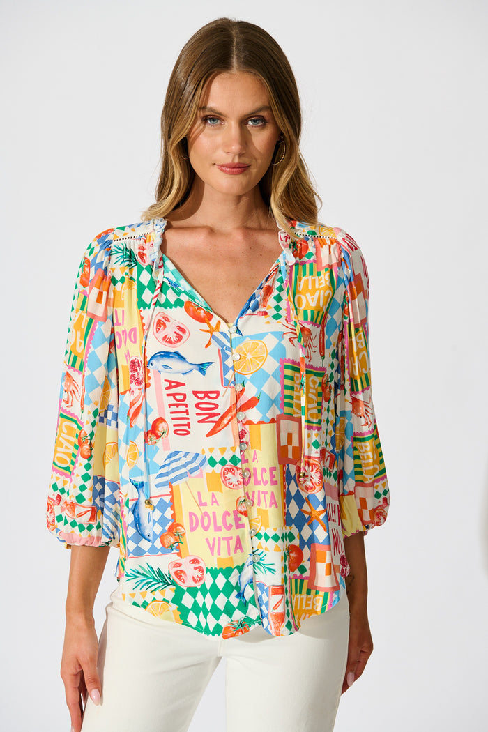 Annelie Top in White Multi Conversational Print front