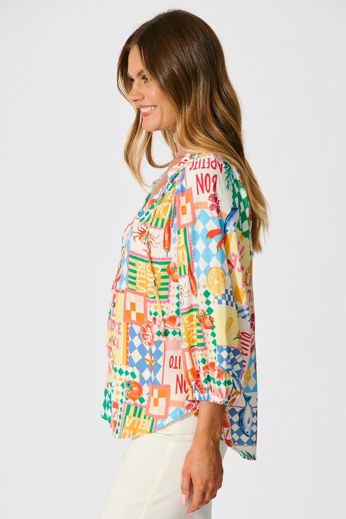 Annelie Top in White Multi Conversational Print side