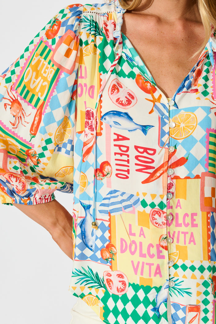 Annelie Top in White Multi Conversational Print detail