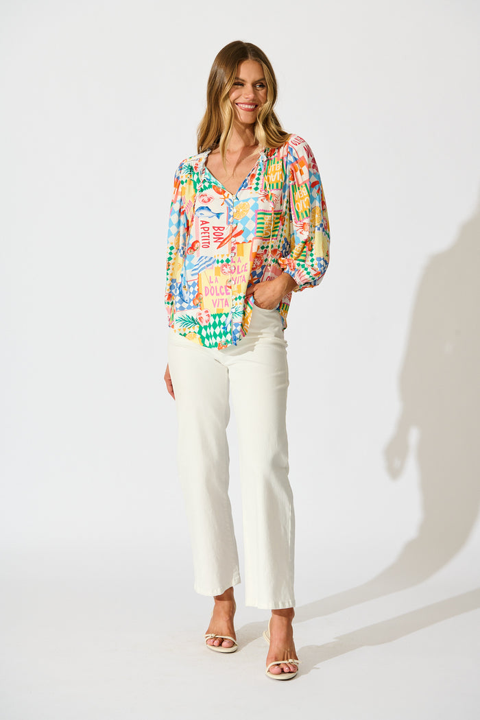 Annelie Top in White Multi Conversational Print full length