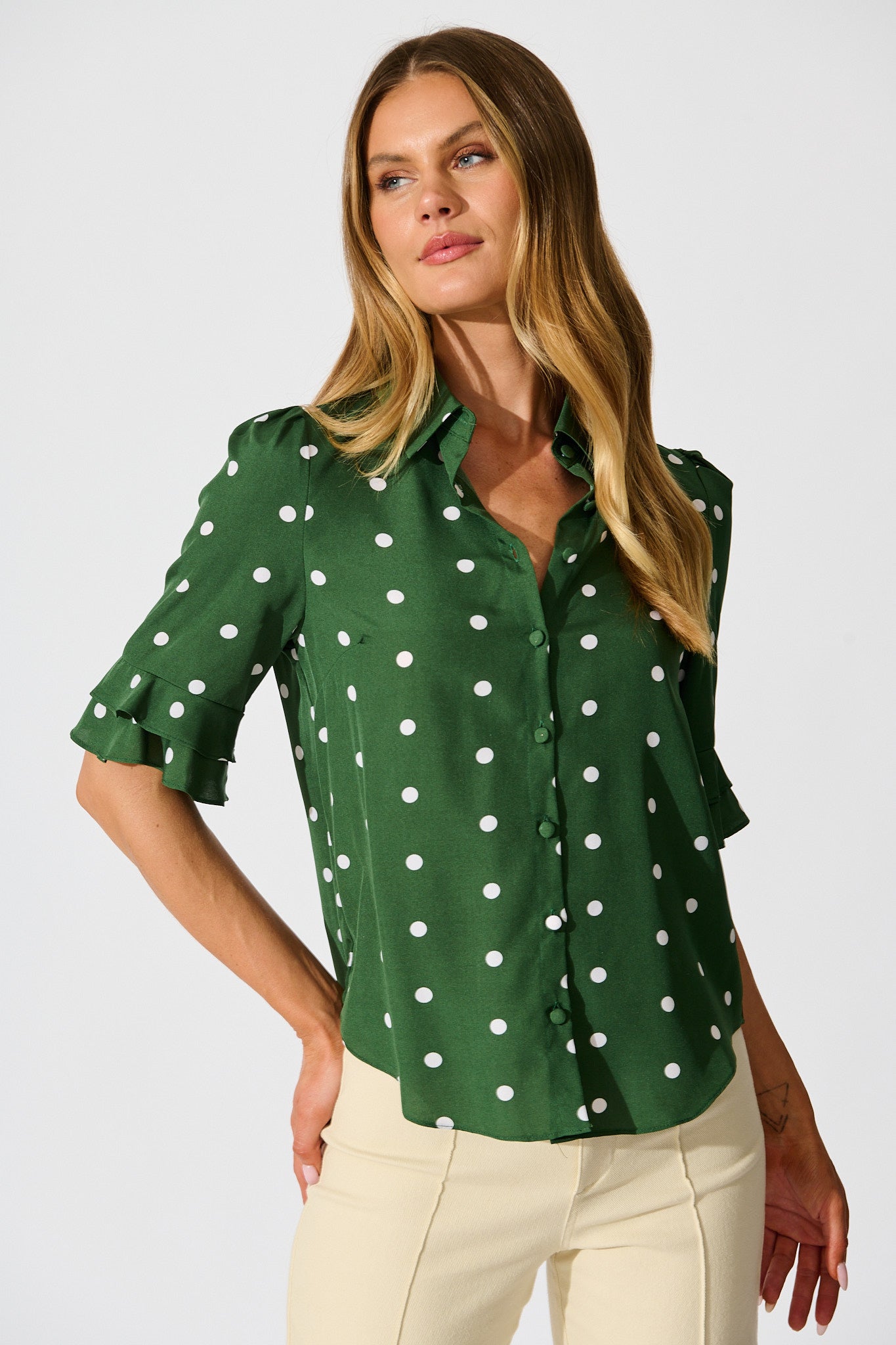 Perfectly Placed Shirt in Emerald with White Spot front