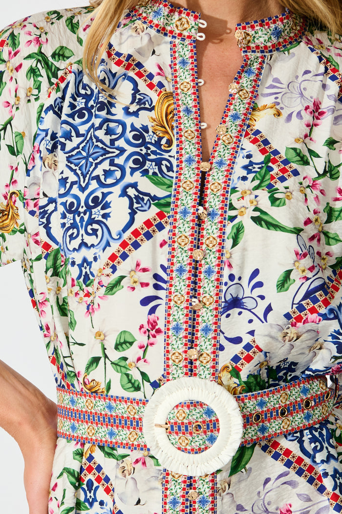 Sicilian Tile Dress in White with Multi Print detail