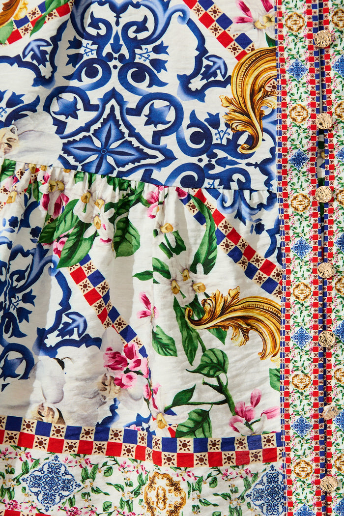 Sicilian Tile Dress in White with Multi Print fabric