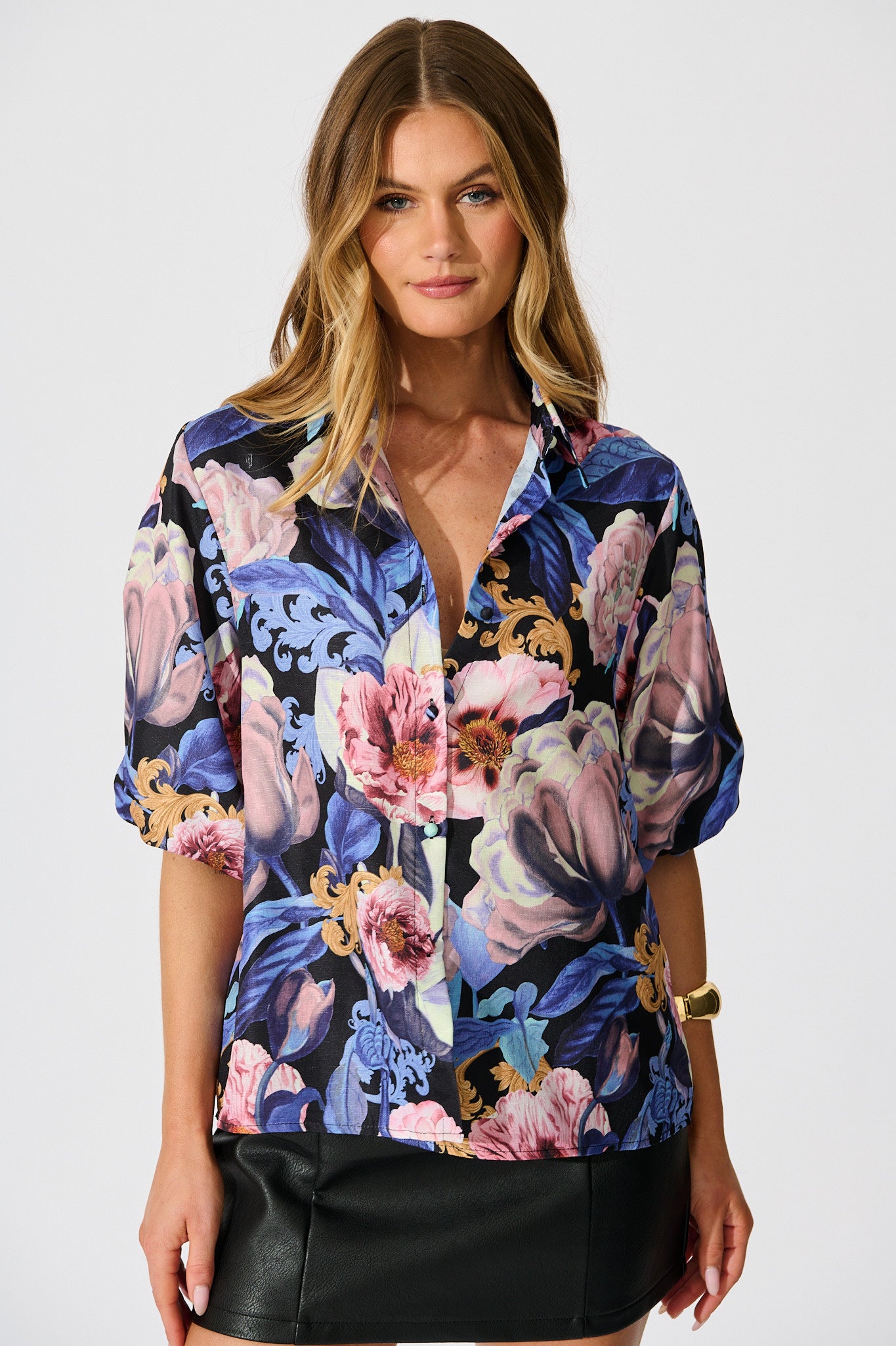 Whimsical Shirt in Multi Blue Floral Linen Blend front