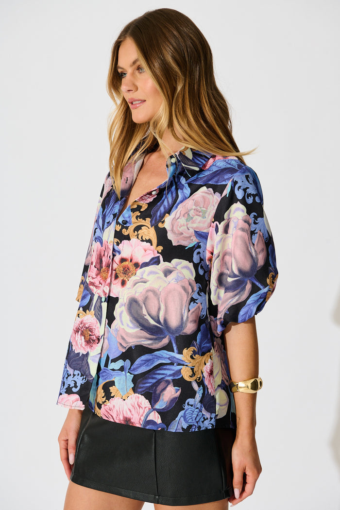Whimsical Shirt in Multi Blue Floral Linen Blend side