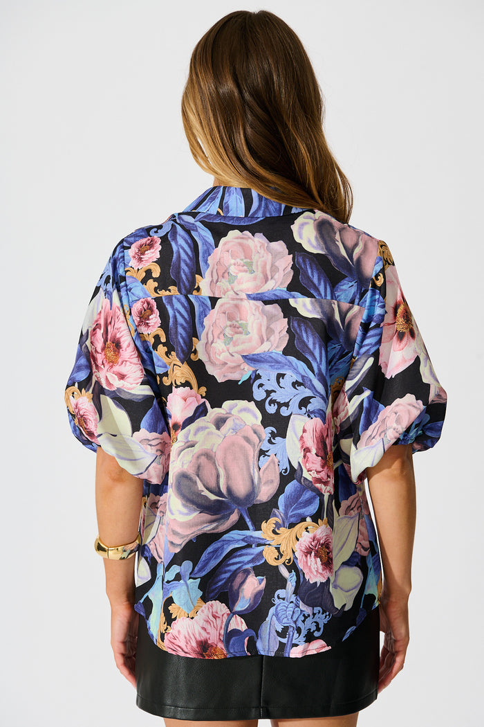 Whimsical Shirt in Multi Blue Floral Linen Blend back