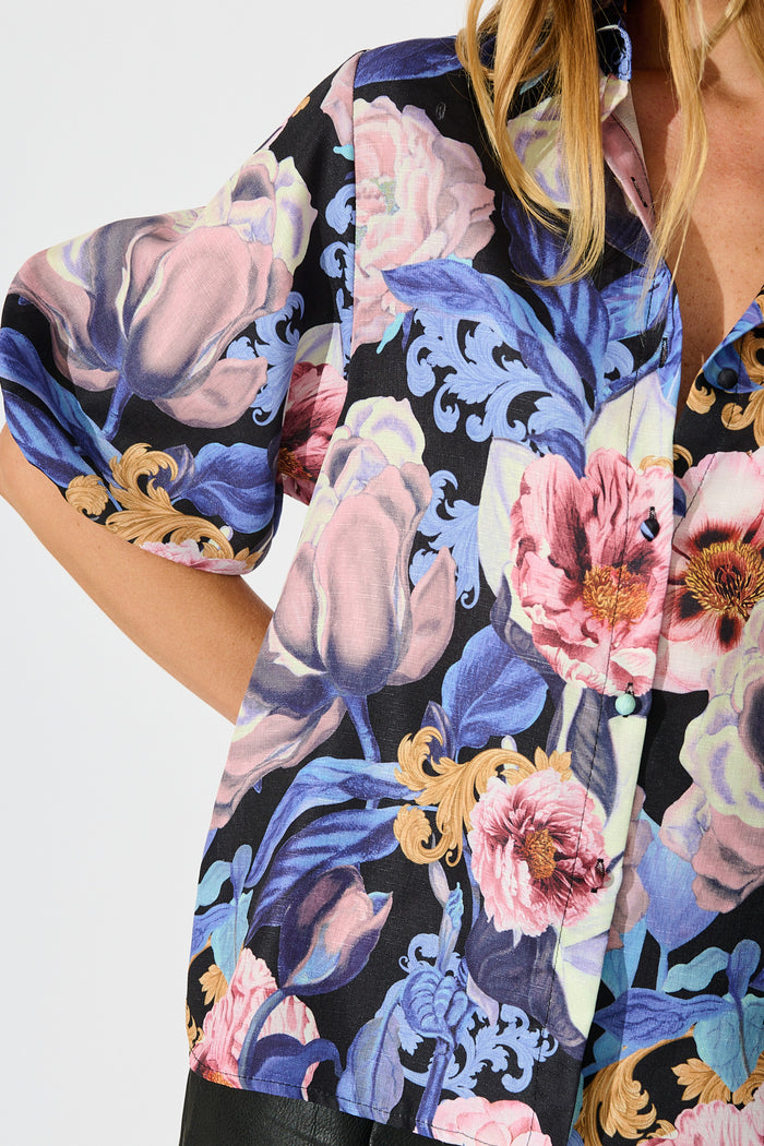 Whimsical Shirt in Multi Blue Floral Linen Blend detail