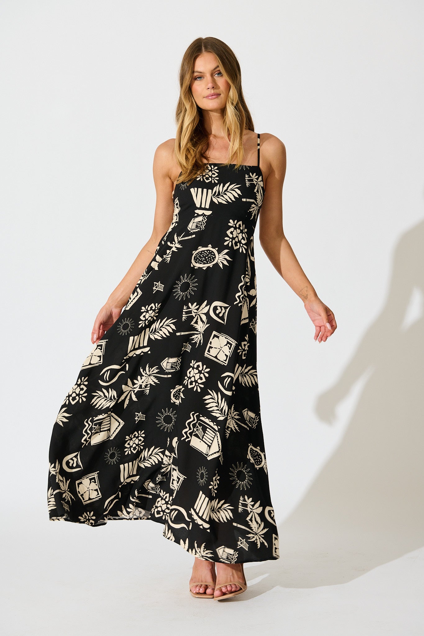 Yetta Maxi Sundress In Black Palm Print full length