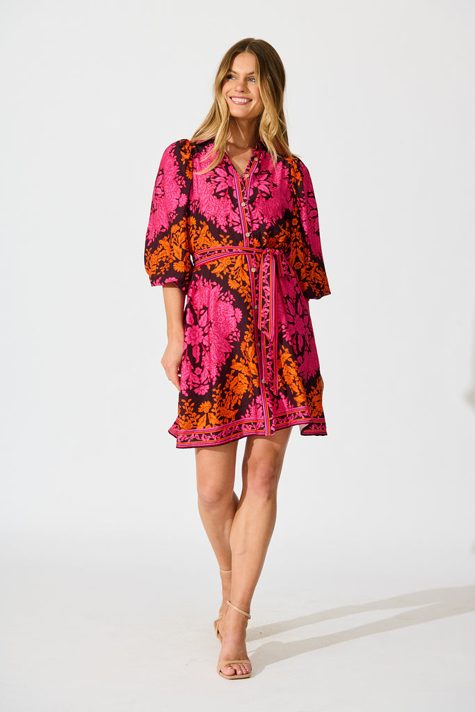 Risa Shirt Dress In Pink And Orange Floral Linen Blend full length