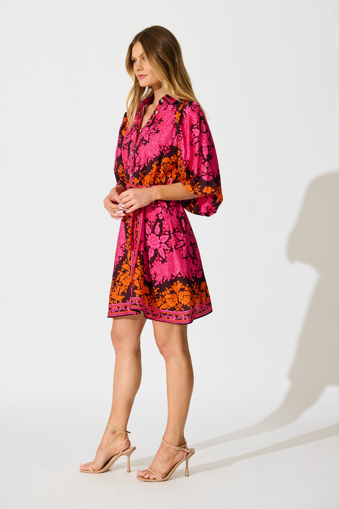 Risa Shirt Dress In Pink And Orange Floral Linen Blend side