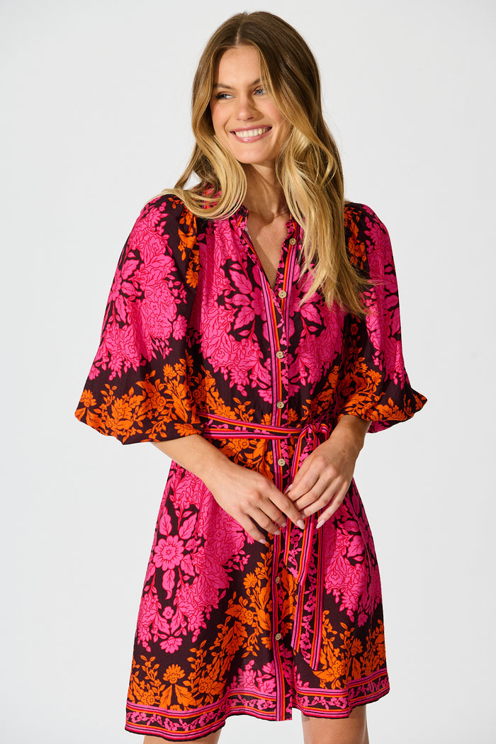 Risa Shirt Dress In Pink And Orange Floral Linen Blend front
