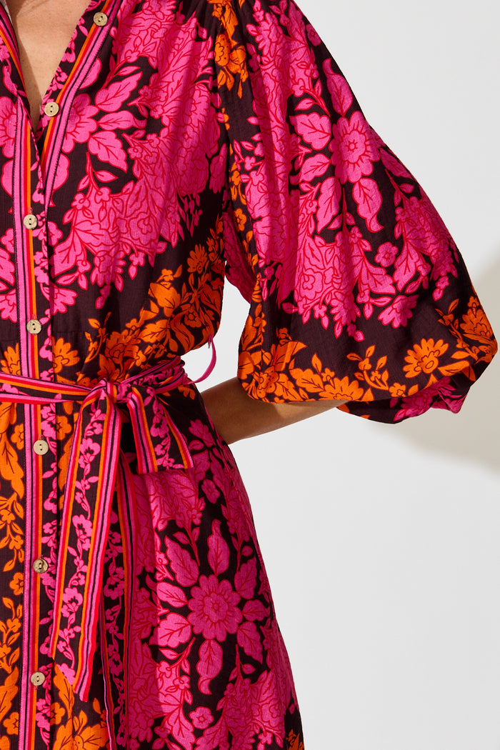 Risa Shirt Dress In Pink And Orange Floral Linen Blend detail