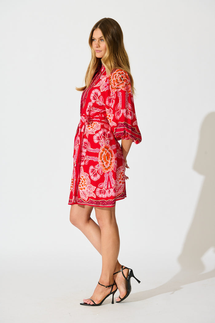 Risa Shirt Dress In Red Flower Linen Blend side