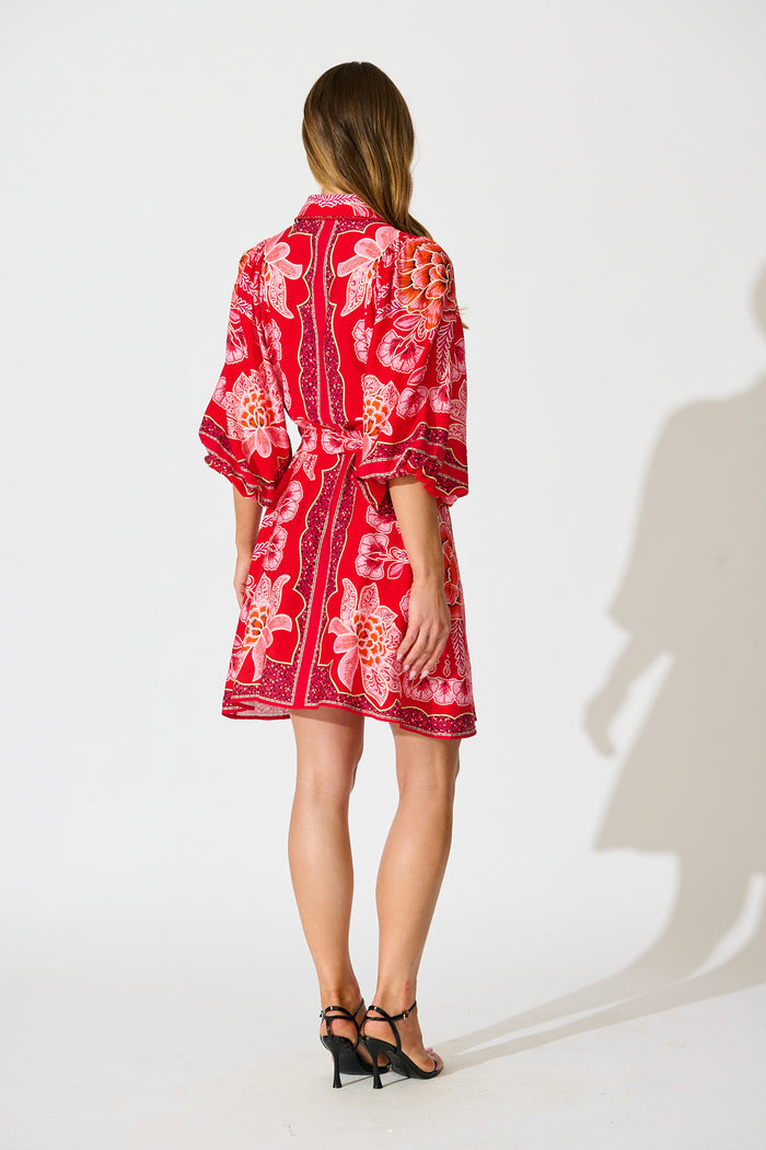 Risa Shirt Dress In Red Flower Linen Blend back