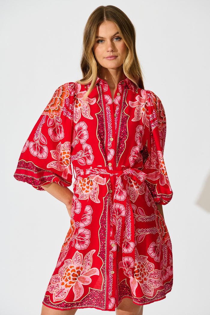 Risa Shirt Dress In Red Flower Linen Blend front