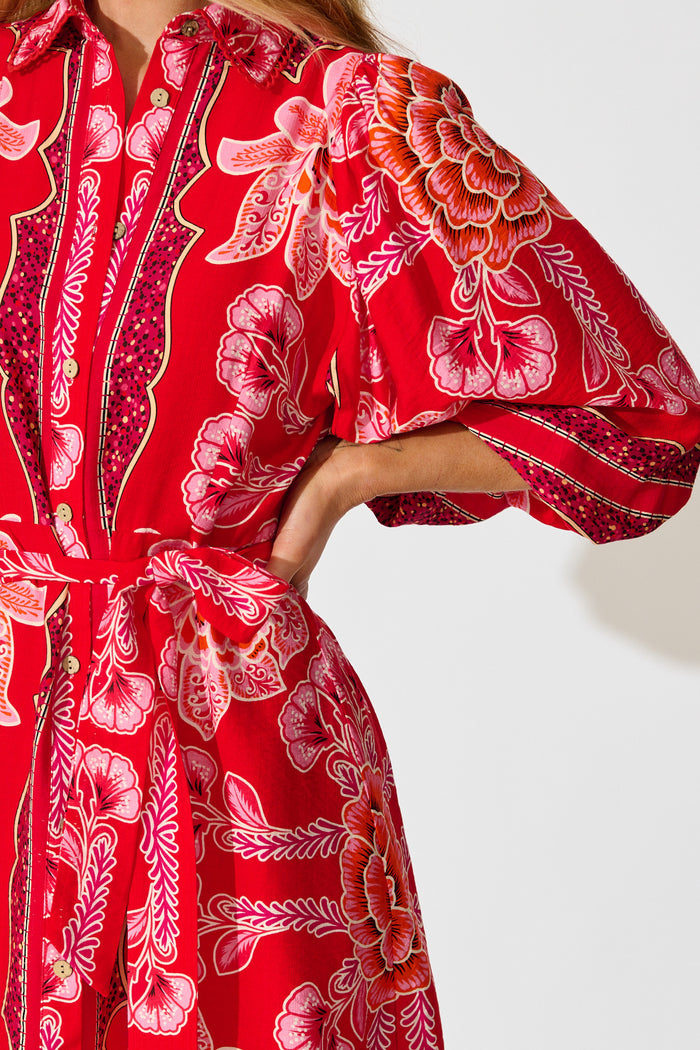 Risa Shirt Dress In Red Flower Linen Blend detail